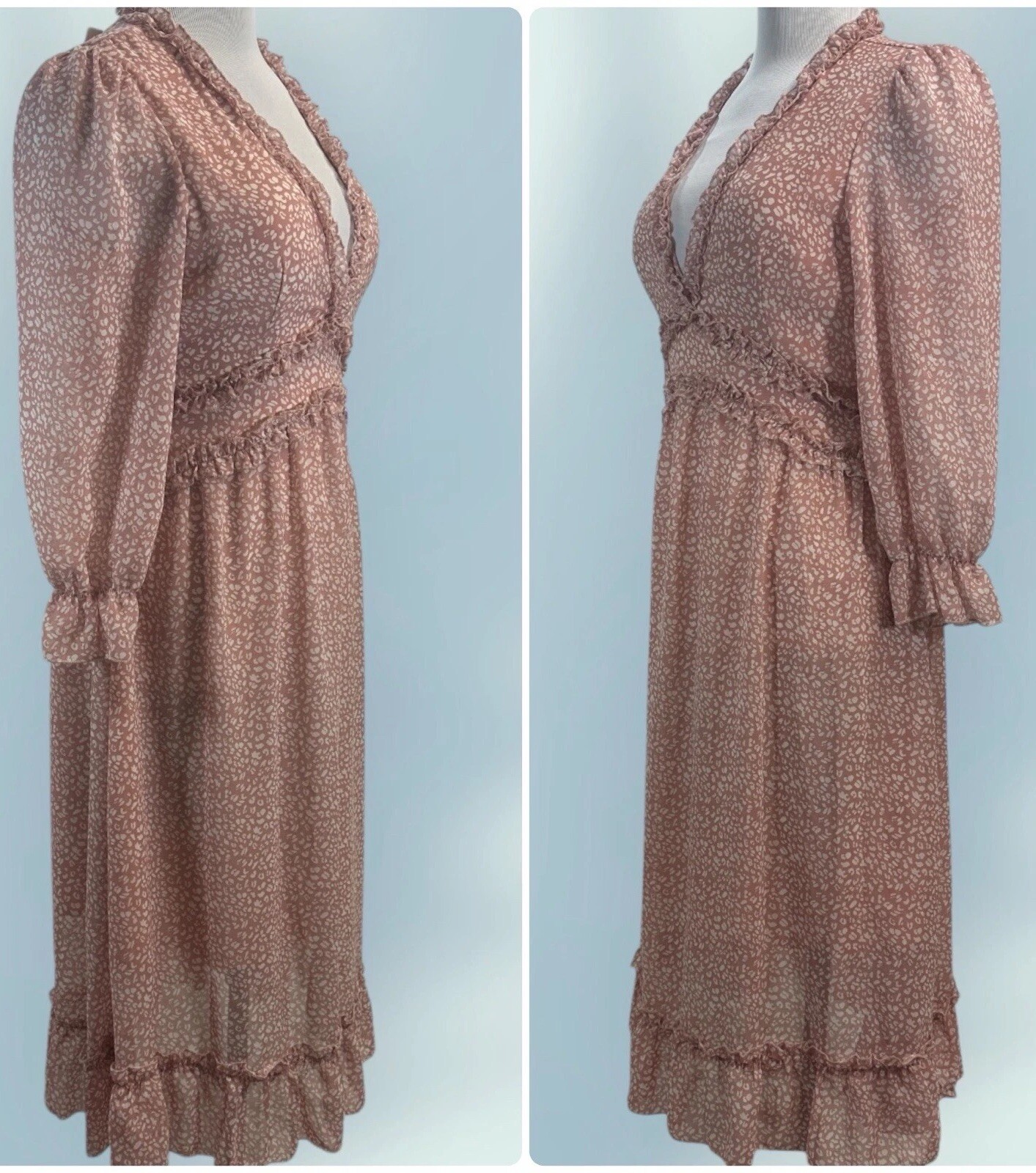NEW Pretty C+D+M Pink Sheer Overlay Boho Prairie Ruffle Long Sleeve Sundress MED