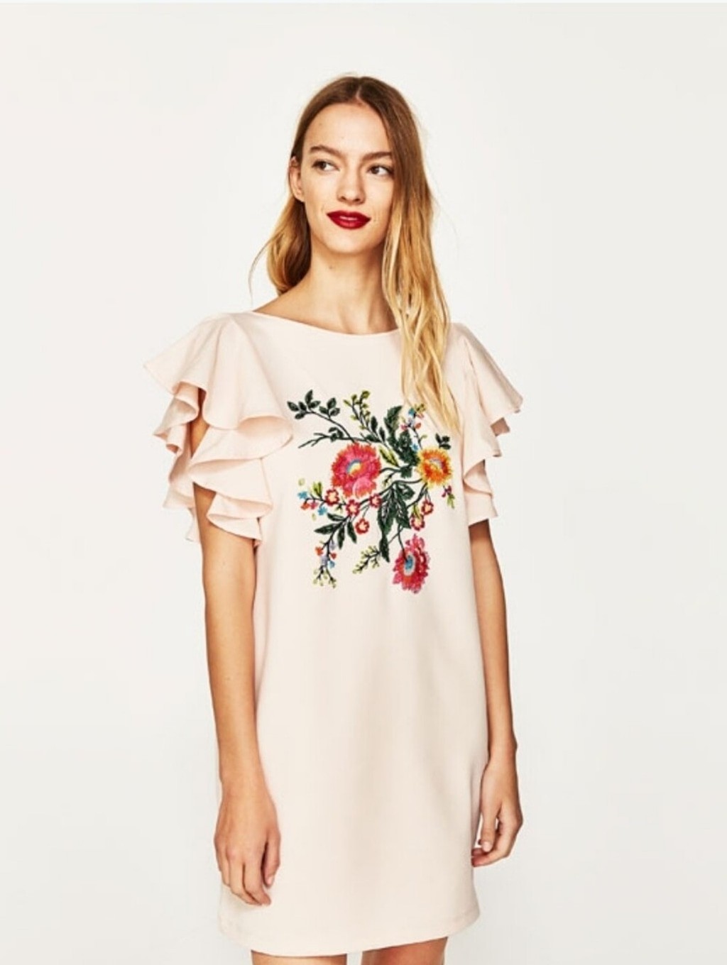 EUC Zara Womens Floral Embroidered Ruffle Sleeve Mini Shift Dress -Blush Pink- S