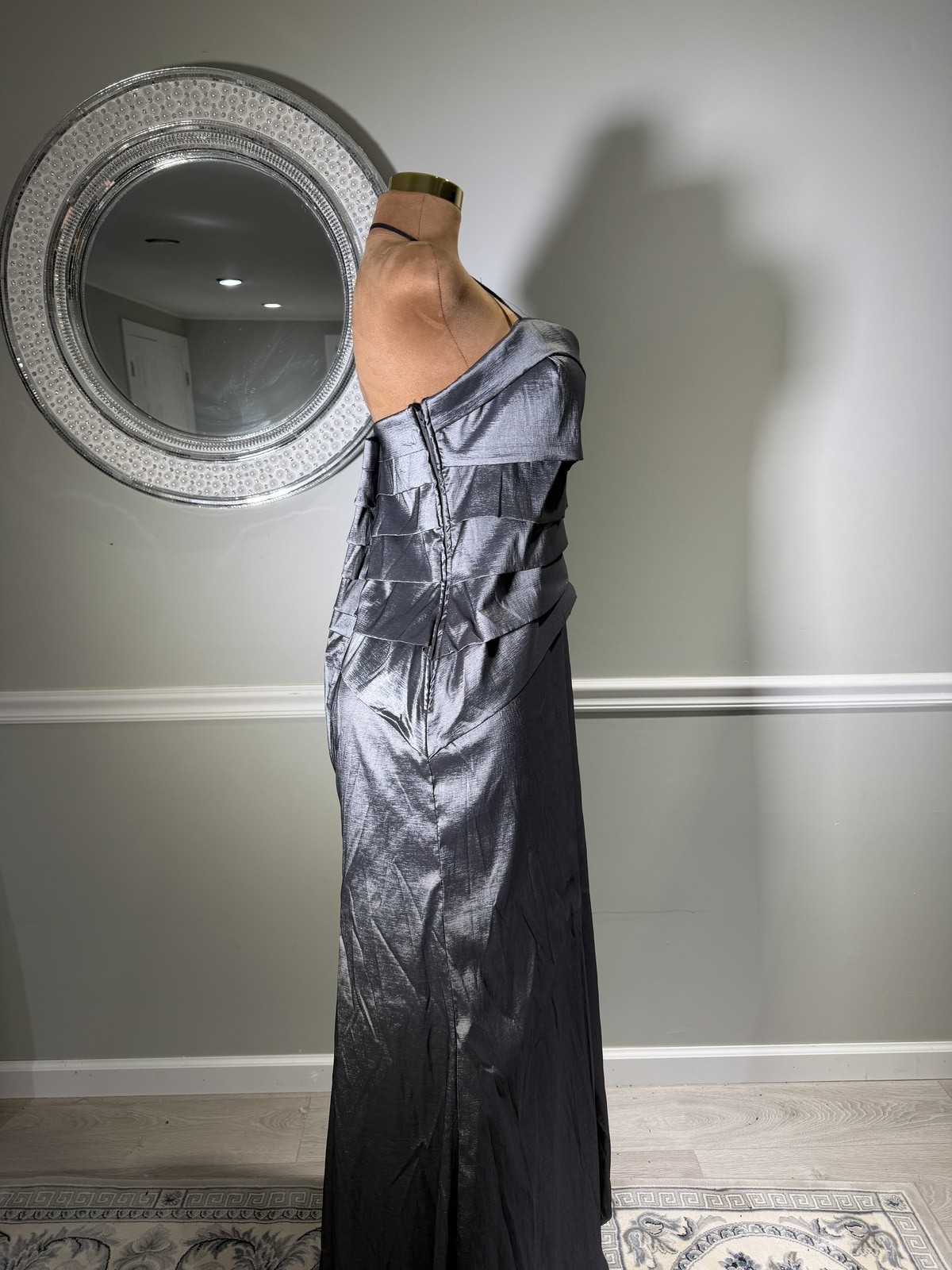 Ally’s Metallic Silver One Shoulder Formal Evening Gown Pleated Size 3XL