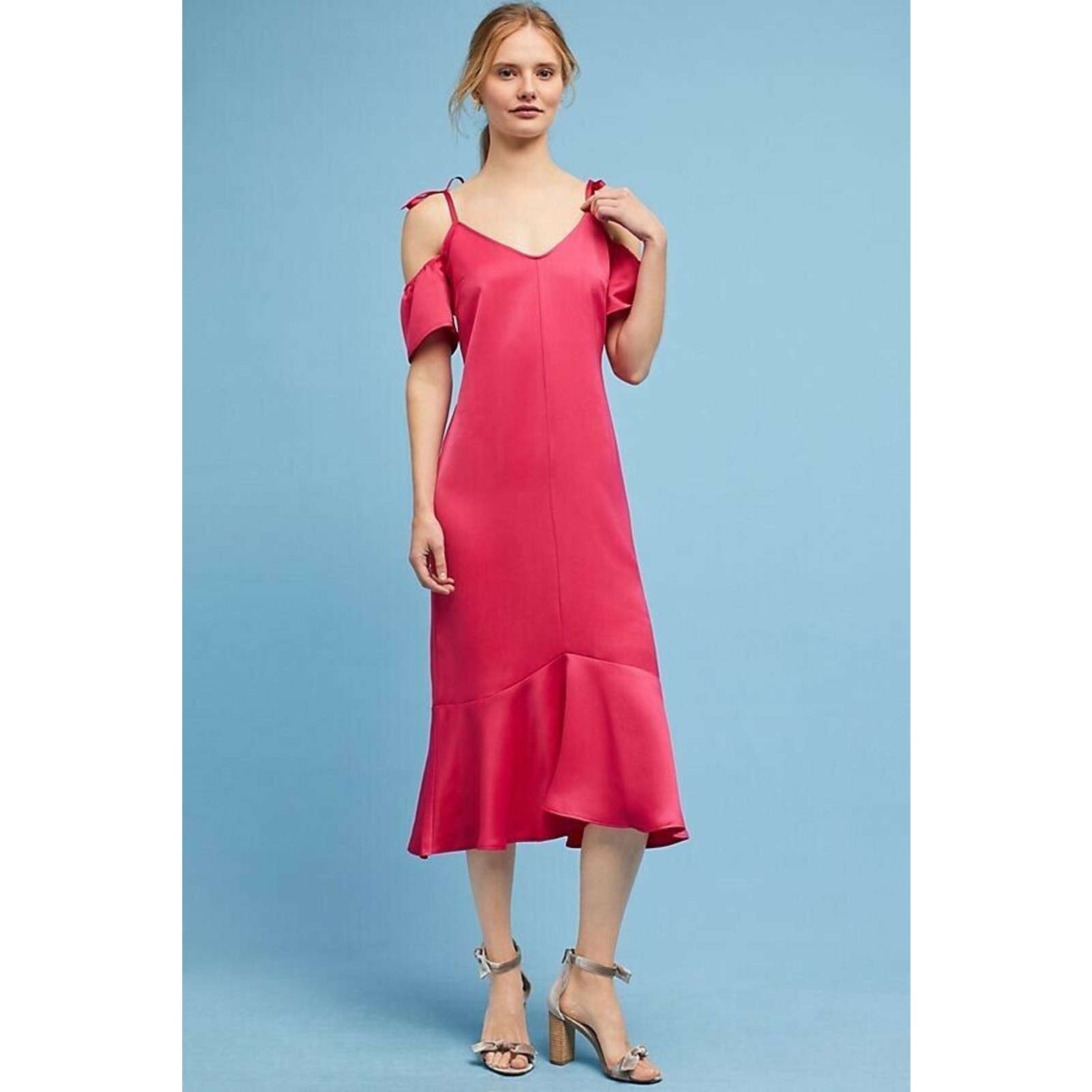 New Anthropologie x Seen Work Kept Satin Open Shoulder Midi Dress $168 Size 6