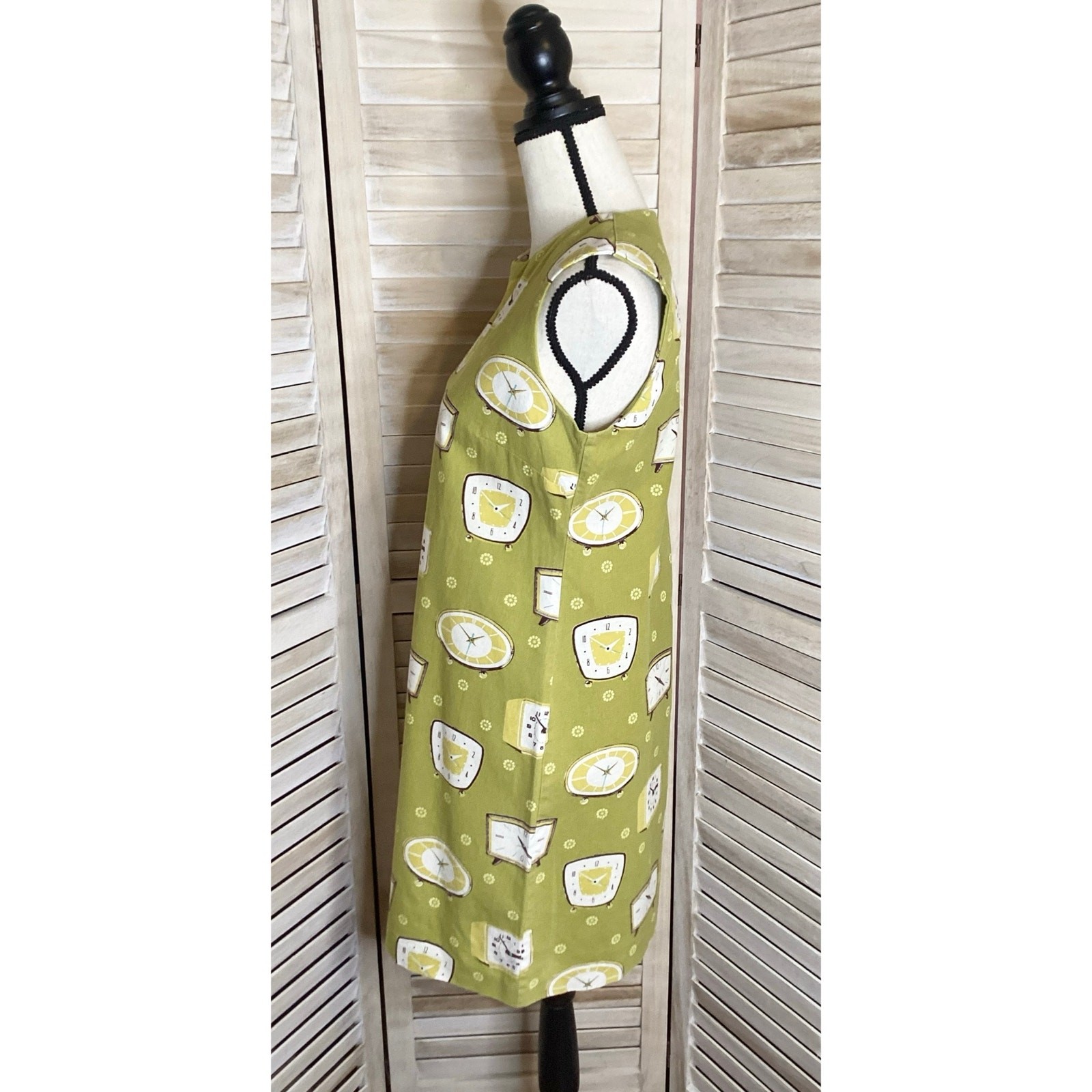 Vintage Retro Mod Atomic Clock Print Green Cotton Shift Mini Dress M Spain