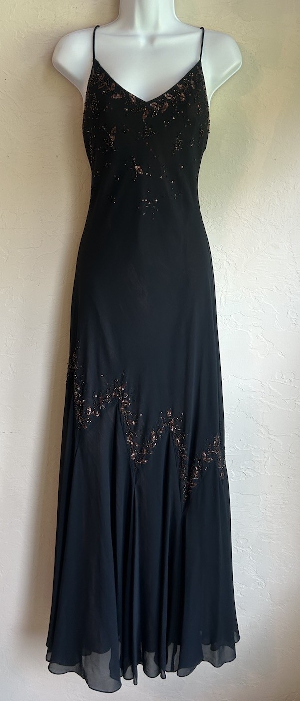 90s Y2K Xscape Maxi Slip Gown L Beaded Open Back Whimsigoth Bias Cut Fairy Dress