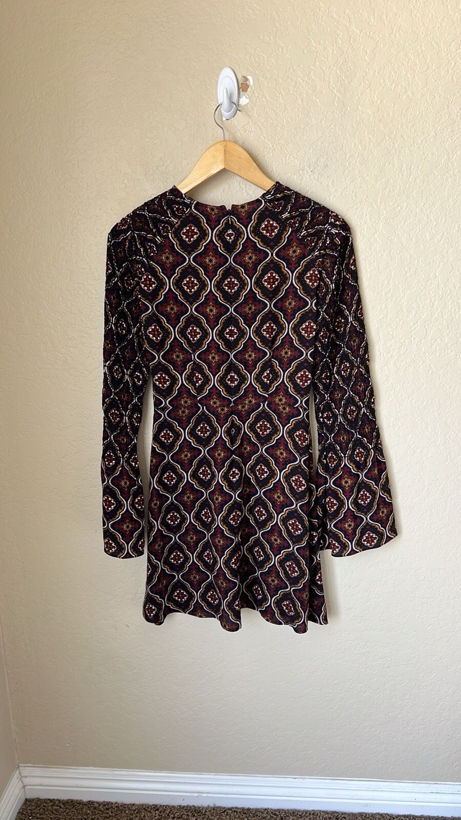 A.L.C Alexa Silk Brown Pattern Bell Sleeve Dress