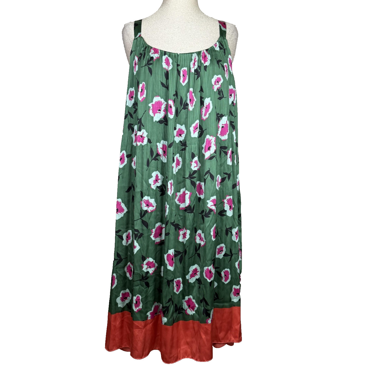 Anthropologie Dress Womens L Green Floral Pleated Maxi Trapeze Boho Pockets READ