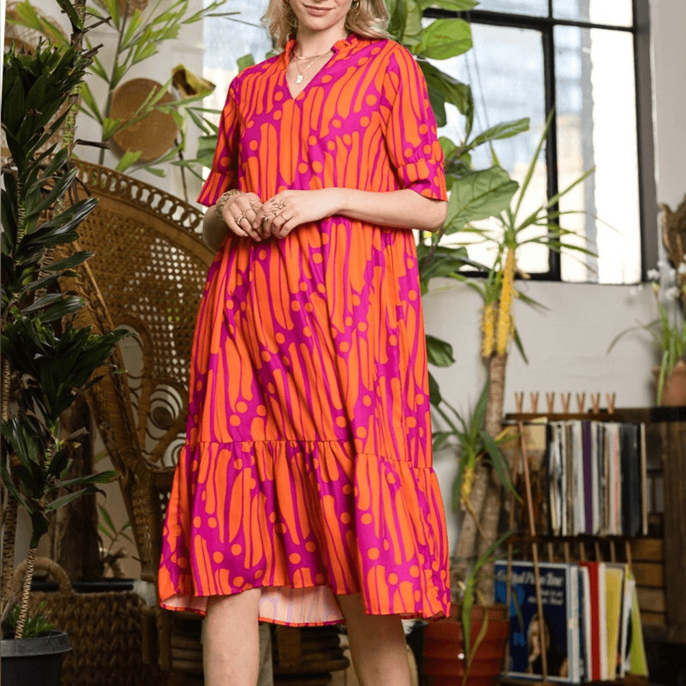 Collection by Cezele Orange & Purple Marmalade Dye Print Casual Long Midi Dress