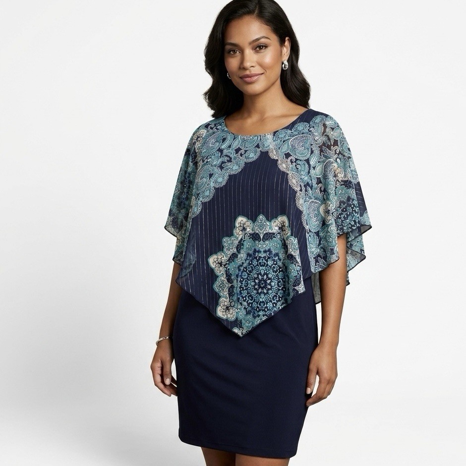 Enfocus Woman Paisley Popover Dress Silver Lurex Stripe Navy Chiffon XL