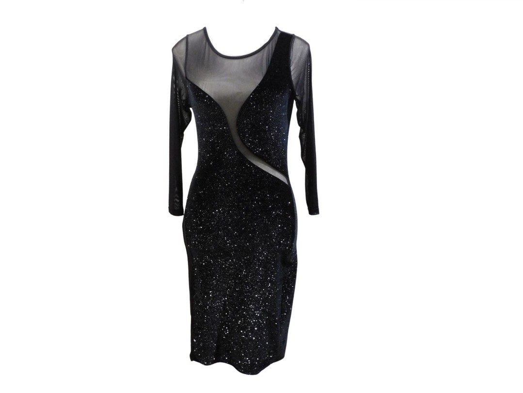 Frederick’s Black Glitter Mesh Sheer Long Sleeve Bodycon Dress S
