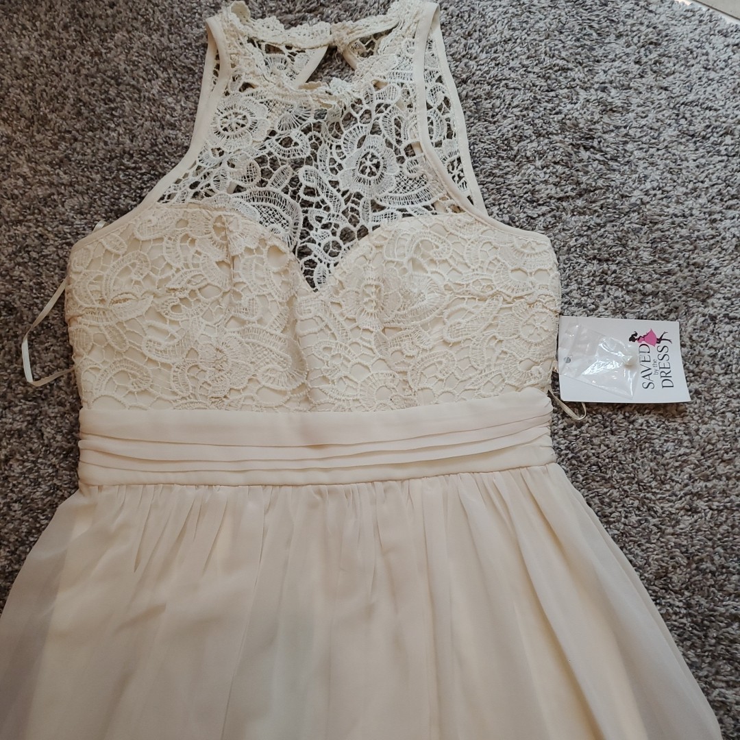 Saved By The Dress Beige Crochet Maxi Dress Woman Small Lace Top ZipUp Back NWT