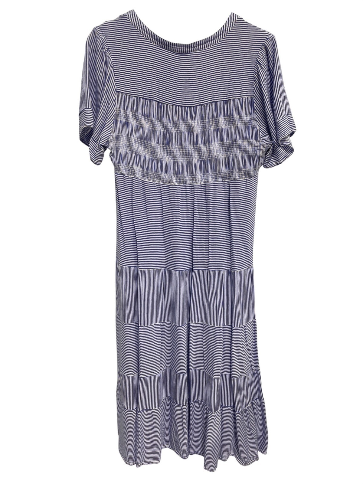 Cactus + Pearl Midi Dress Size Large Strip Tiered Skirt VNeck Blue White Sailor