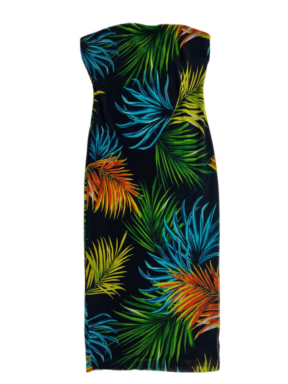Black Bodycon Tube Dress with Blue Yellow and Orange Palm Pattern Size Medium