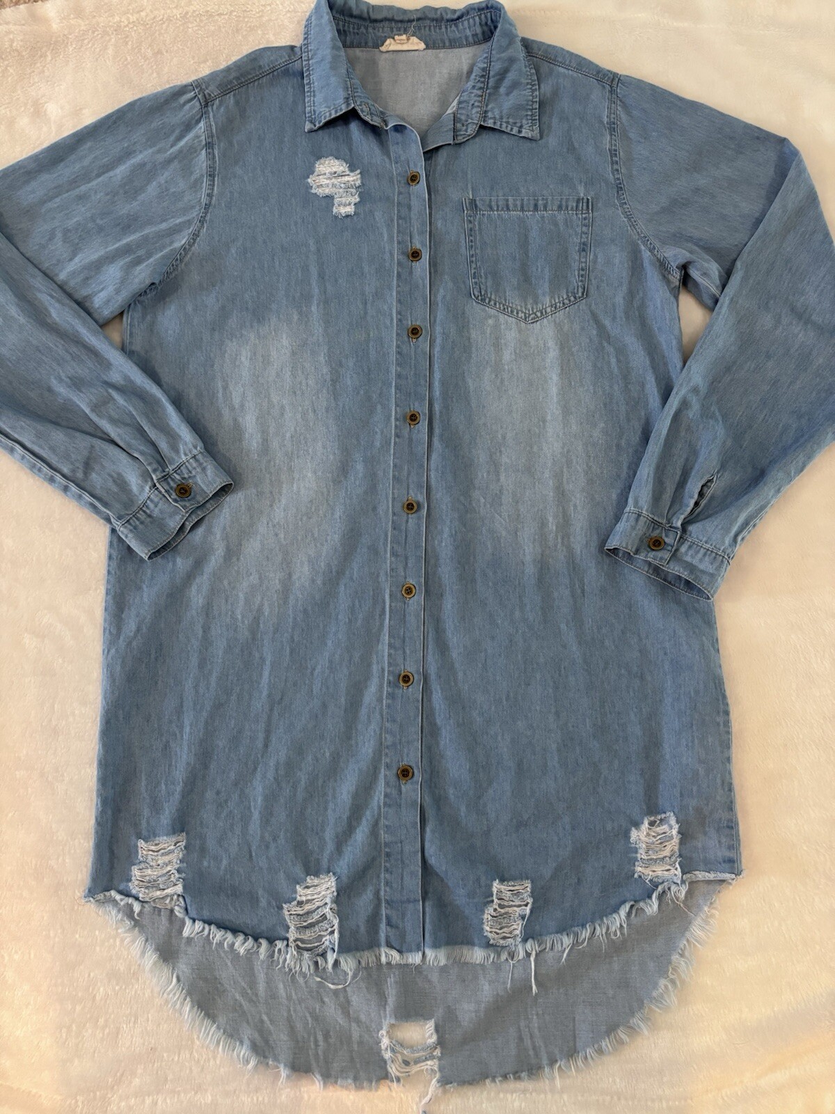 Distressed Western Denim Short Sleeve Dress 35″ Long Frayed Medium Womens Ladies