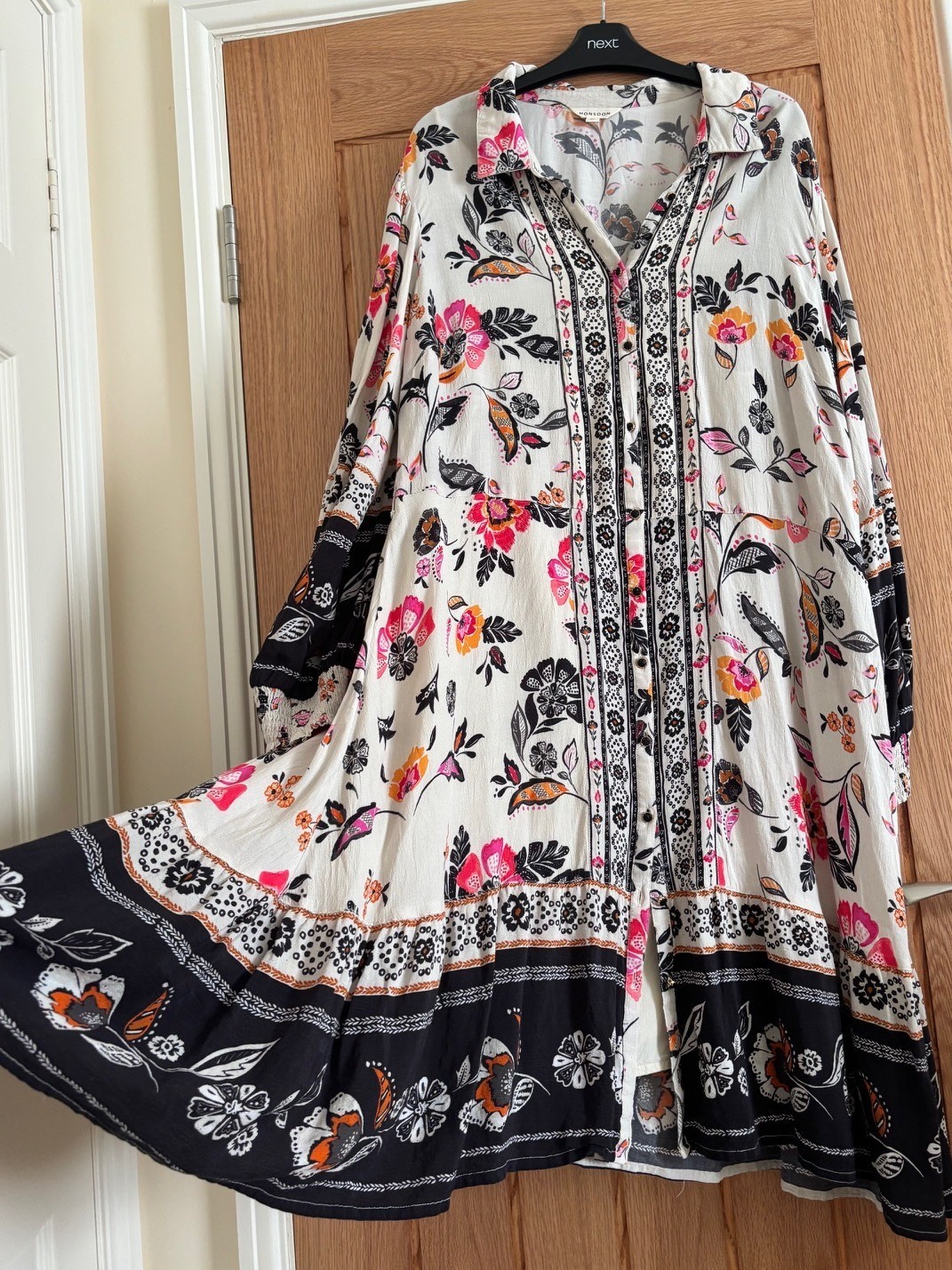 Monsoon Cream & Black, Pink Floral Print Shirt Dress with Camisole, Size XL, 20
