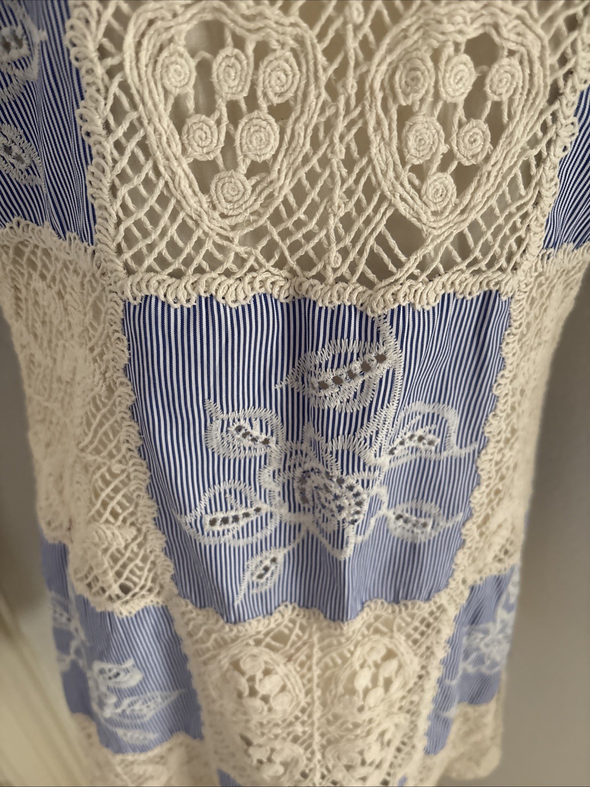 Sofie the label Blue Ivory Crochet Shirt Dress S Collared Puff Sleeve Button