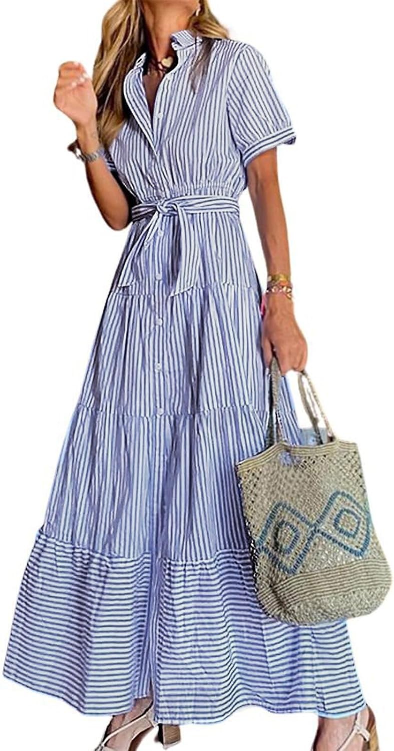 2025 Womens Short Sleeve Button Down Tie Waist Ruffled Striped Maxi Shirt Dress