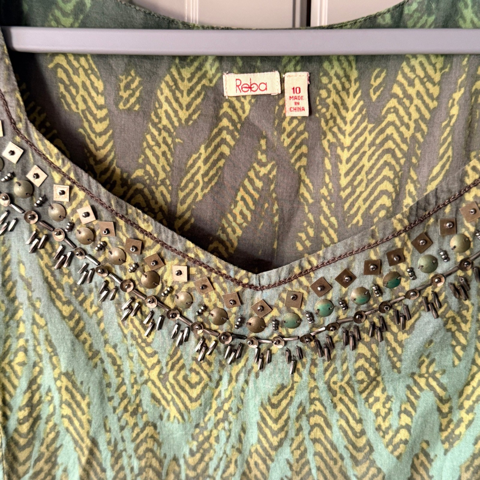 Reba Ikat Beaded Neckline Sleeveless Tiered Midi Dress ,Green Purple 10