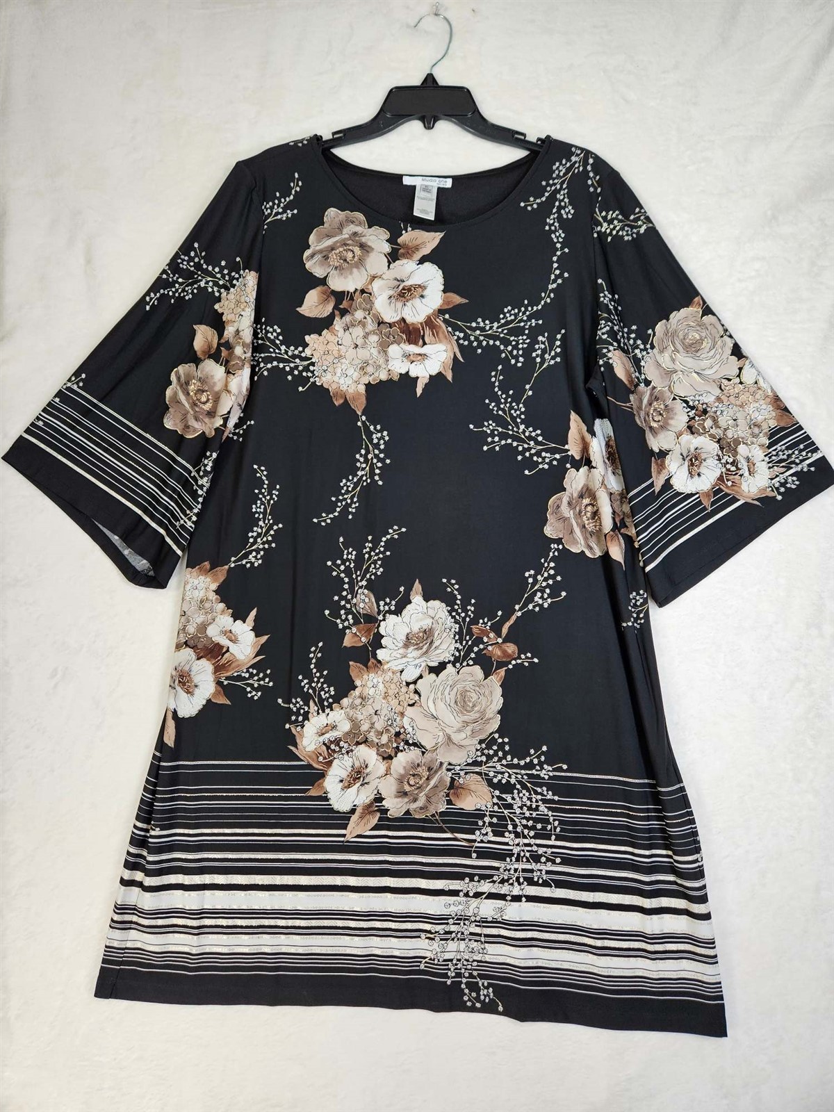 Studio One New York Shift Dress Womens X-Large 3/4-Sleeves Black Floral Print