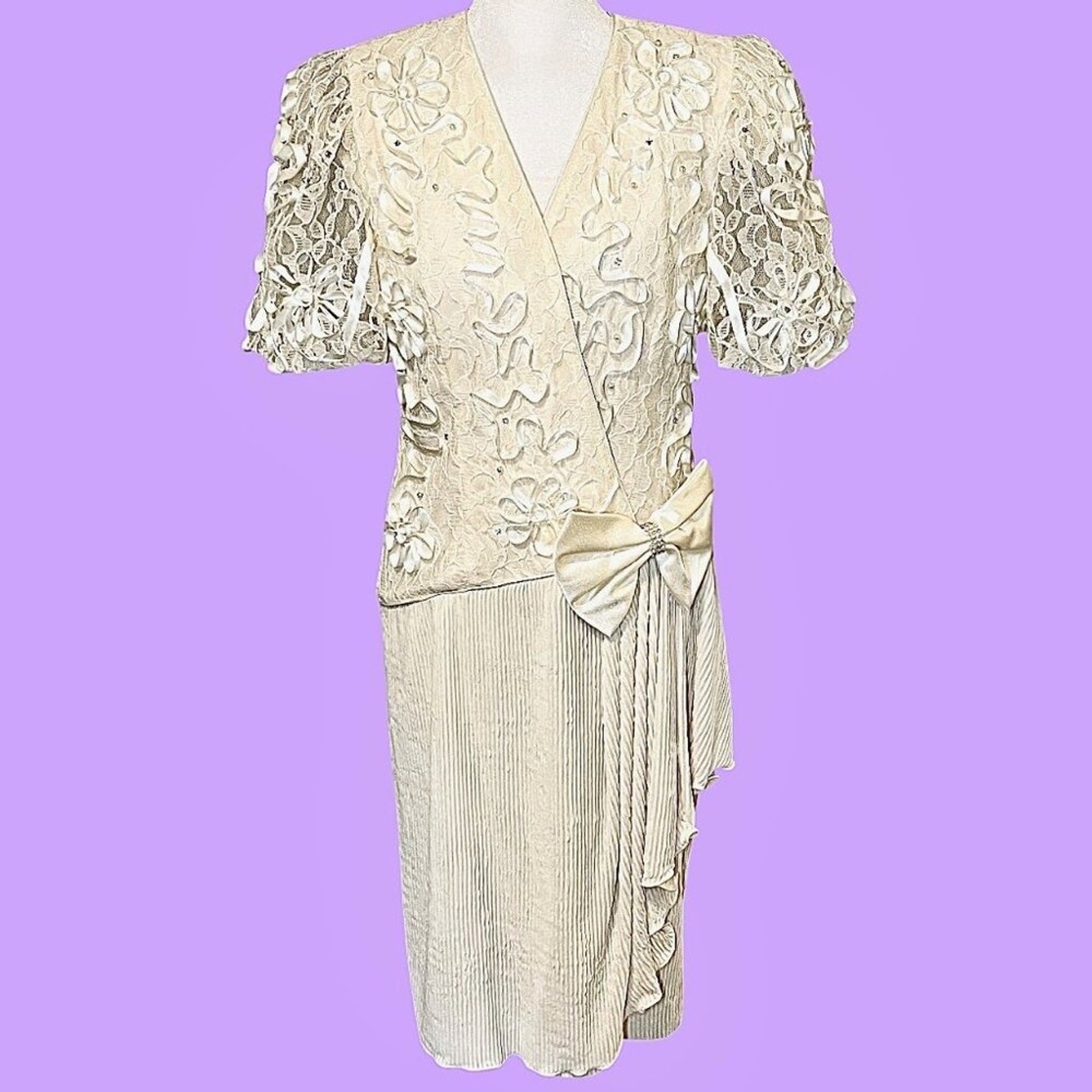 Leslie Fay VTG 80s Ivory Lace Balloon Sleeve Cocktail Party Midi Dress Size 6