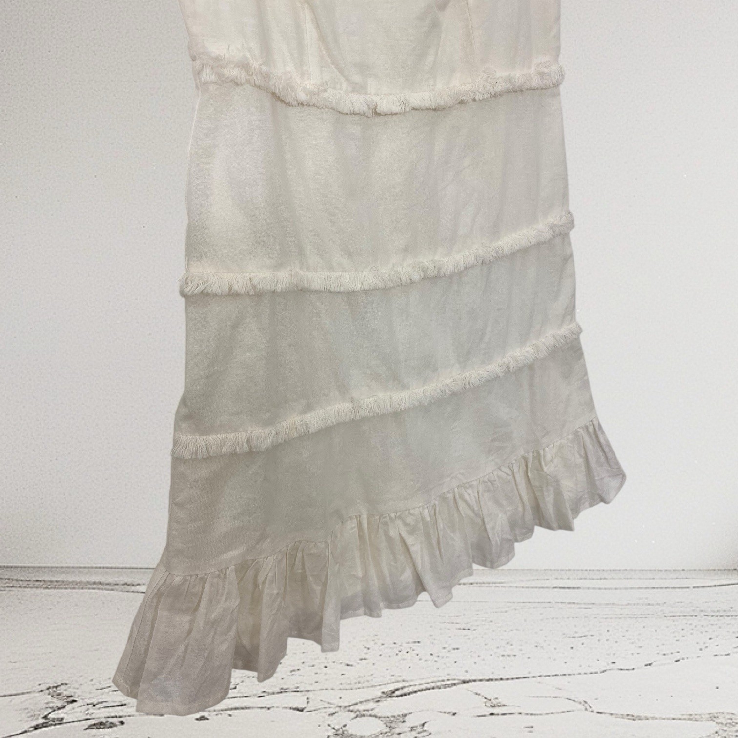 Womens Linen Blend Fringe Trim Mini Dress Size Small Boho Summer Resort Chic
