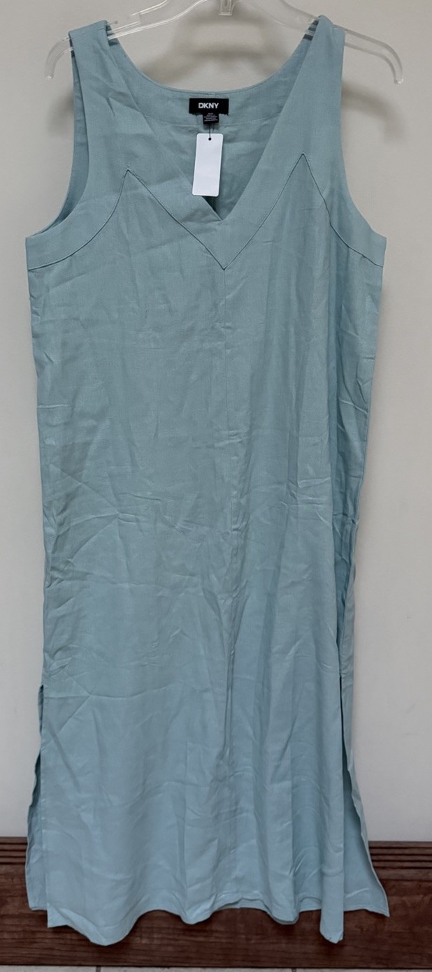NWT DKNY Linen Blend V-Neck Panel Midi Maxi Dress Seafoam Blue Medium $115