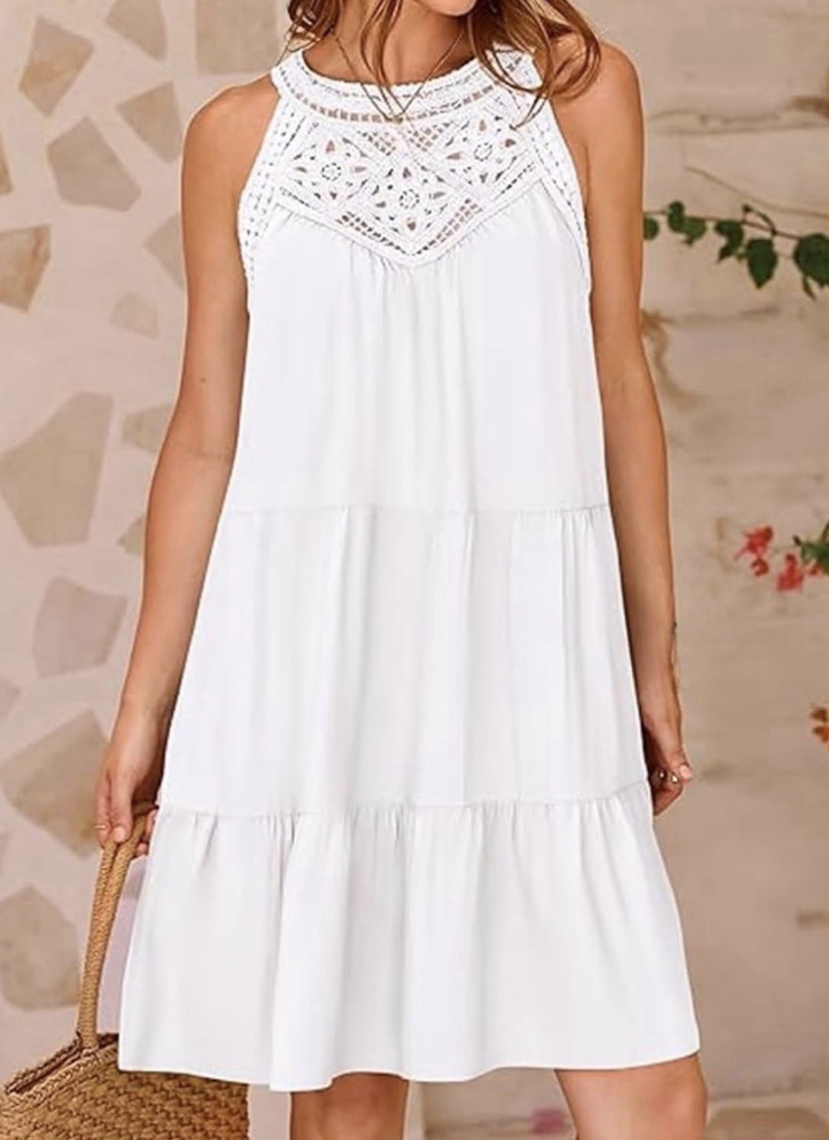 BTFBM Women’s White Solid Halter Lace Yoke Tiered A-Line Lined Knee Dress Sz L