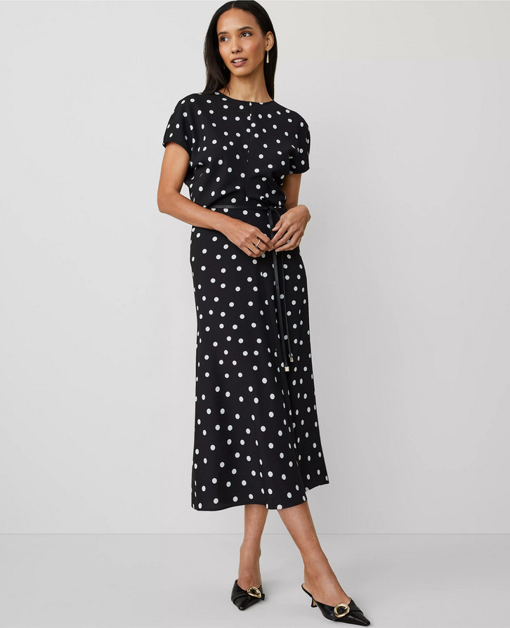 NEW ANN TAYLOR $179 BLACK DOTTED CREPE COLUMN MIDI DRESS SZ 6P
