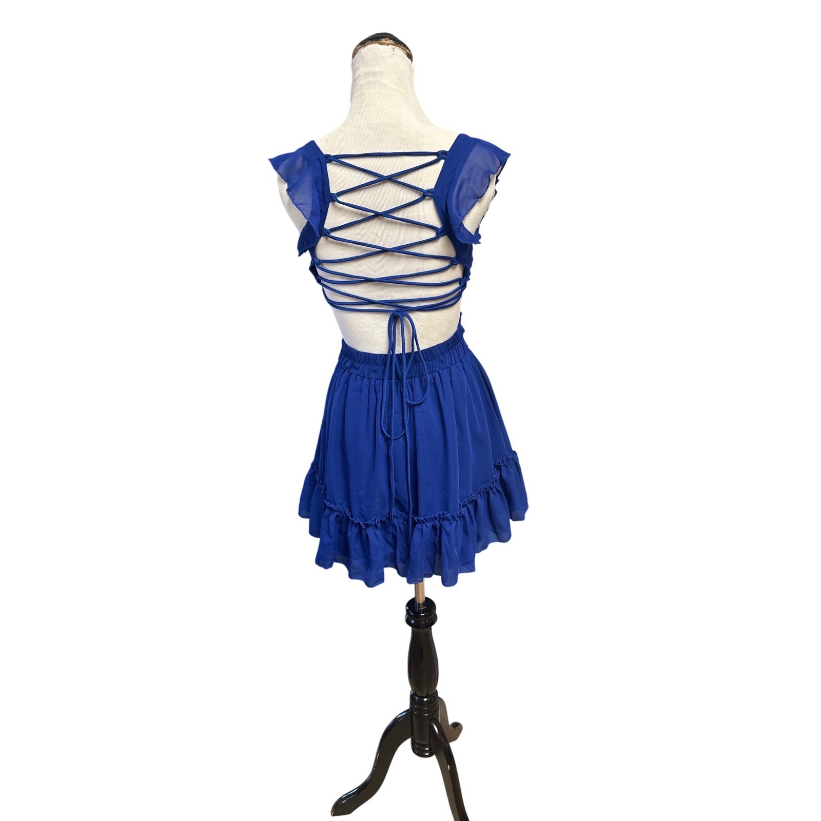 Lucy In The Sky Blue Lace Up Back Cut Out Ruffle Mini Dress Womens Size S