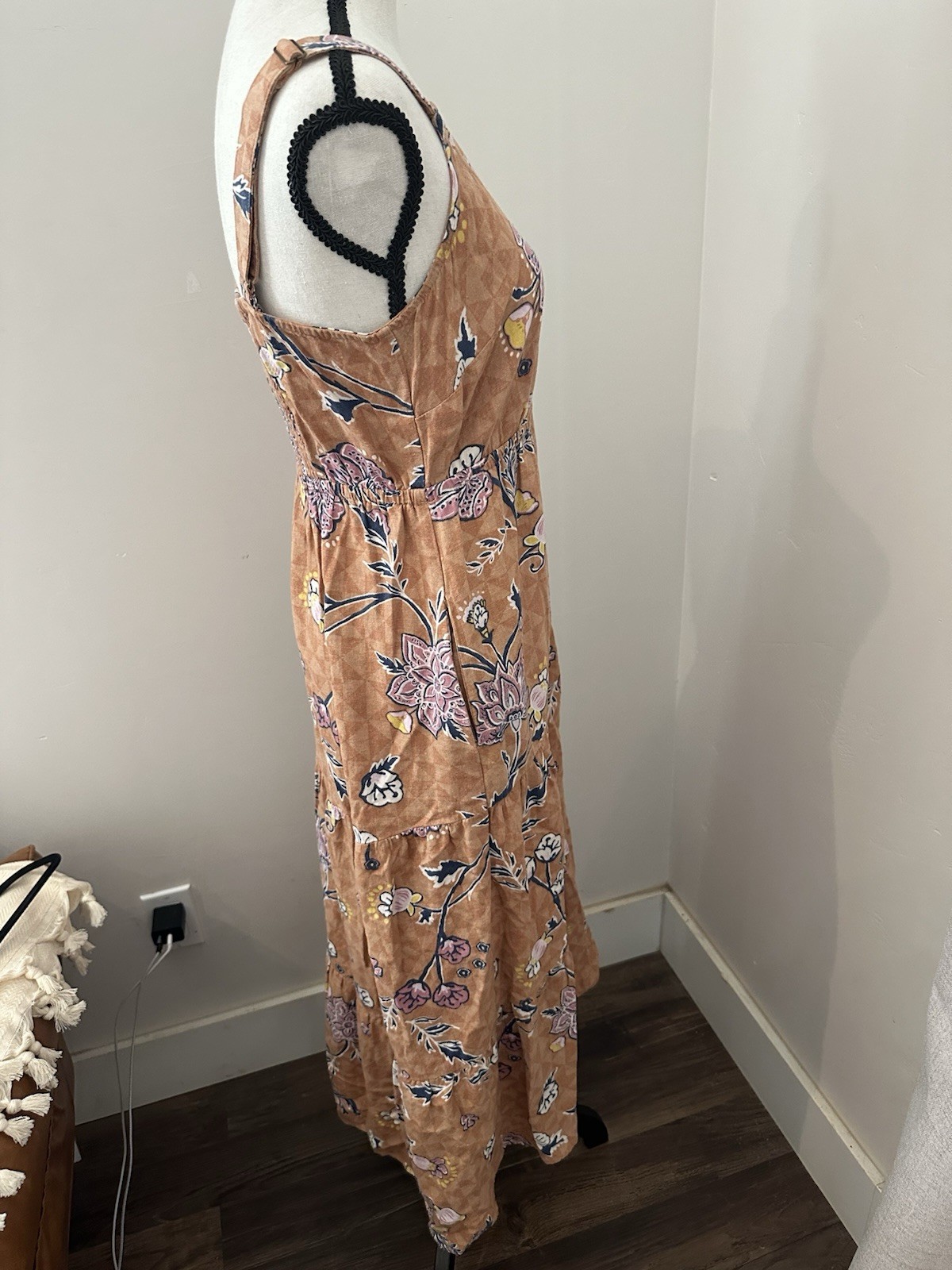 SONOMA Goods for Life Brown Floral V Neck, Smocked Back, Midi Dress- Size S