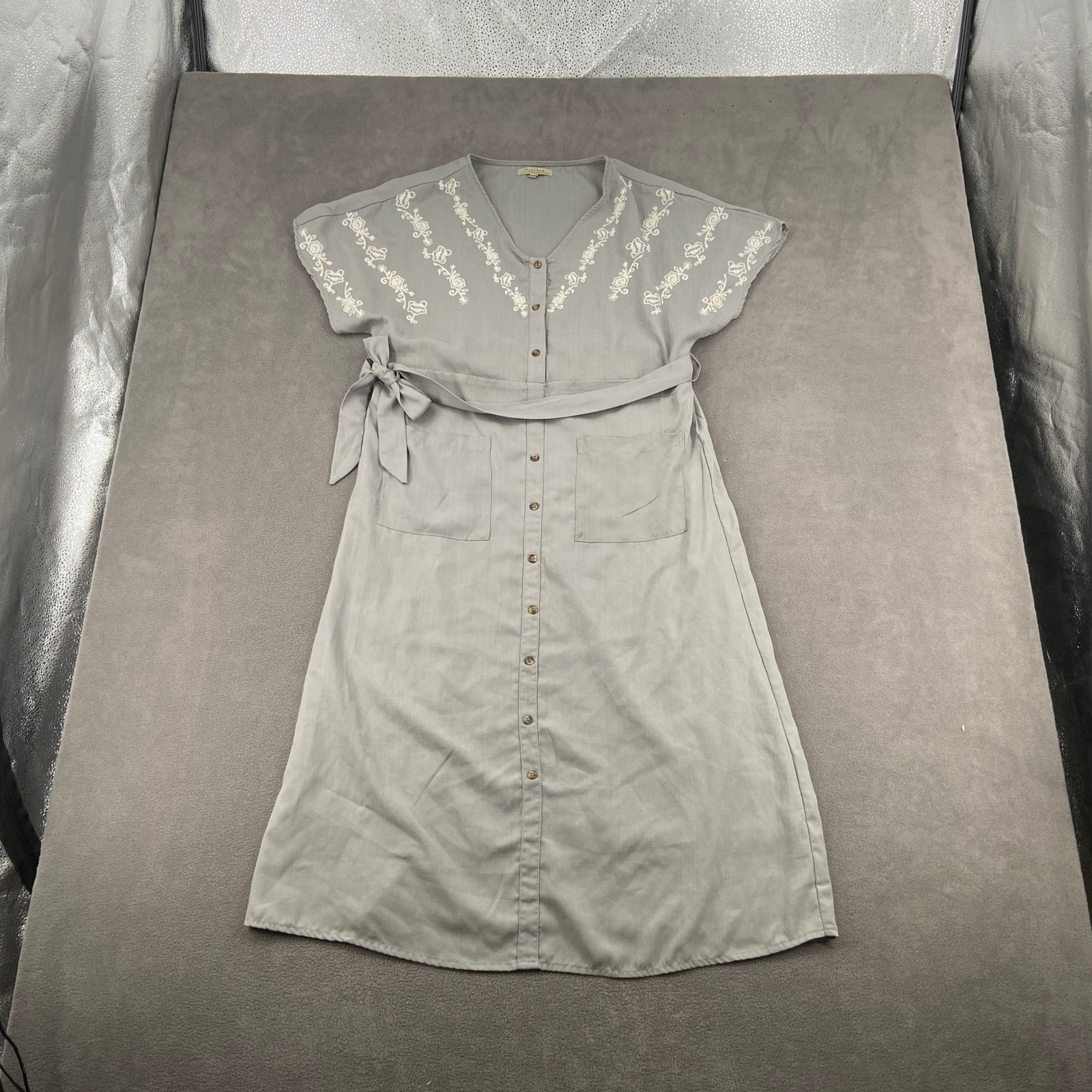Polagram Grey Embroidered Button Front Midi Dress Womens Small Short Sleeve Tie