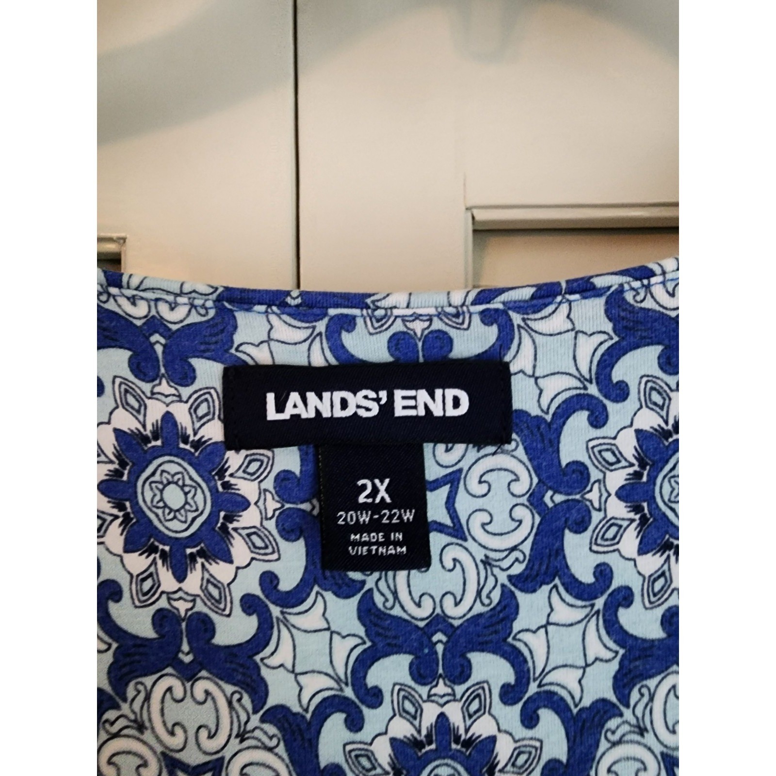 Lands End 2X 20W 22W Faux Wrap Maxi Long Dress Blue White Print Sleeveless