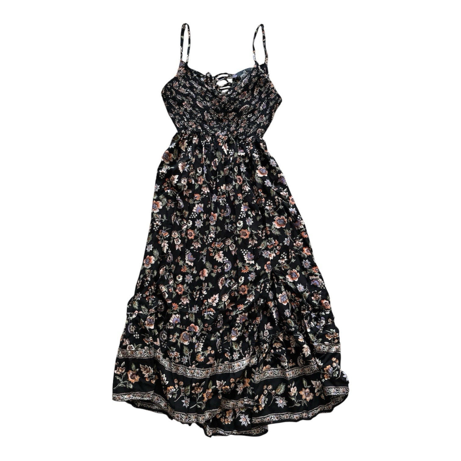 Angie Black Floral Sundress Sweetheart Spaghetti Straps Smocked Midi Size M