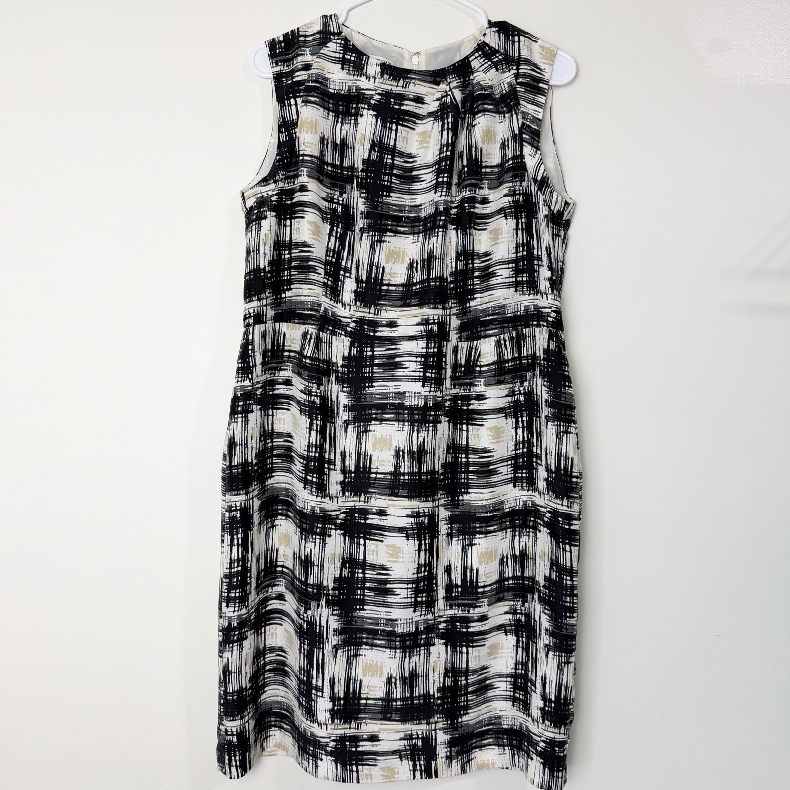 Pendleton 100% Silk Career Dress Abstract Ivory Black Gray Tan Women’s 16