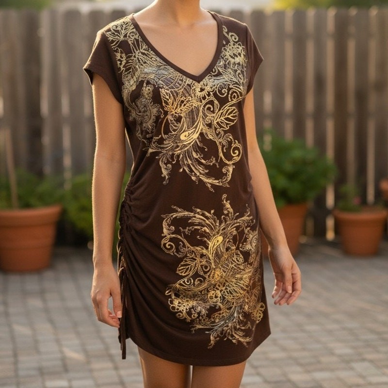 Cache Brown With Gold Silver Print Bodycon Dress Sz M Stretchy V Neck