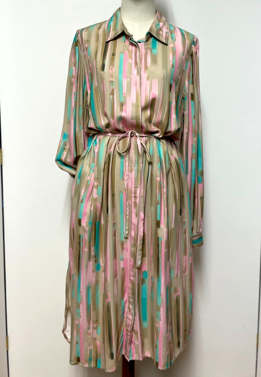 Brandtex Dress Beige Pink Green Stripe Shirt Dress Long Sleeve New