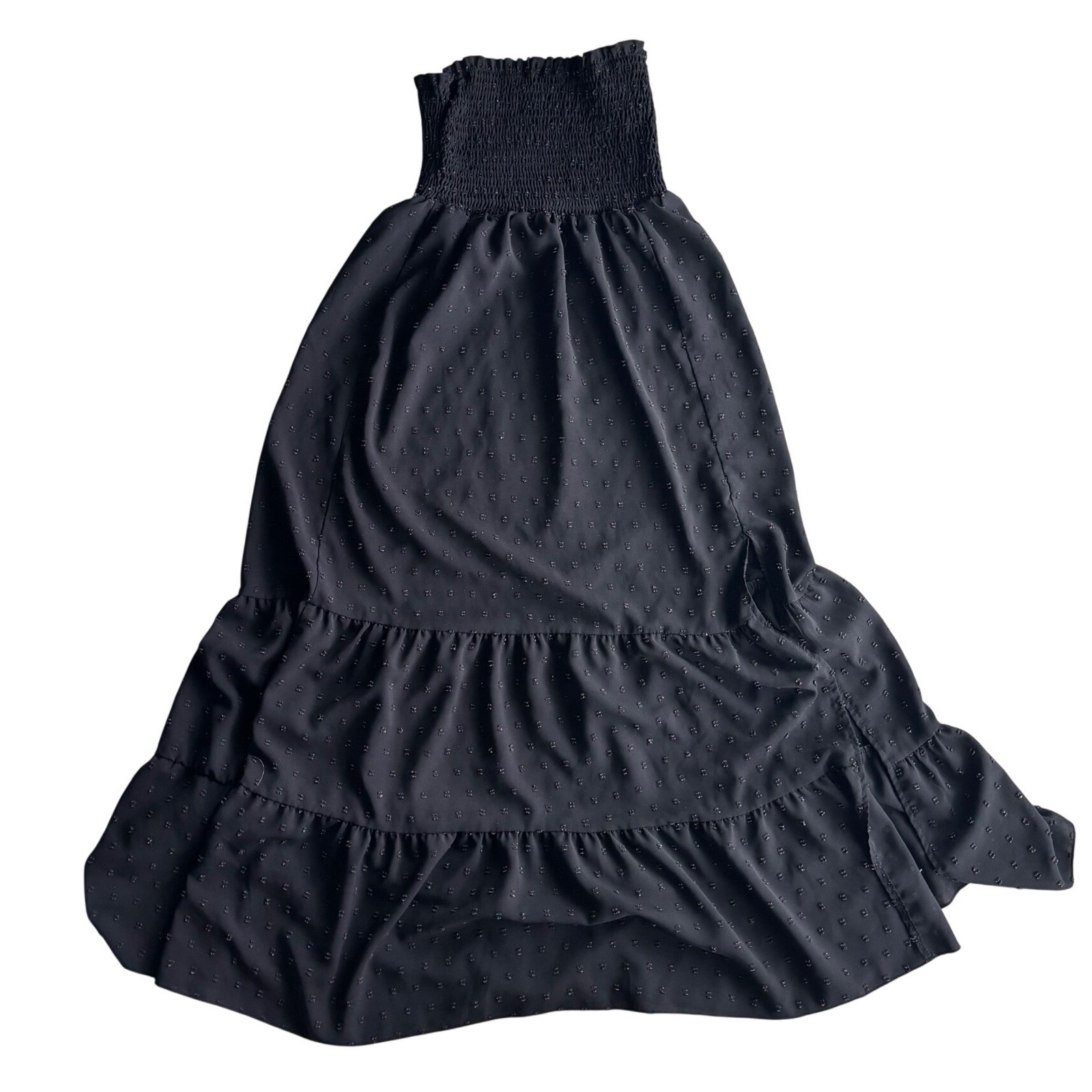 Black Swiss Dot Smocked Tiered Maxi Skirt Strapless Dress Boho Whimsigoth Small