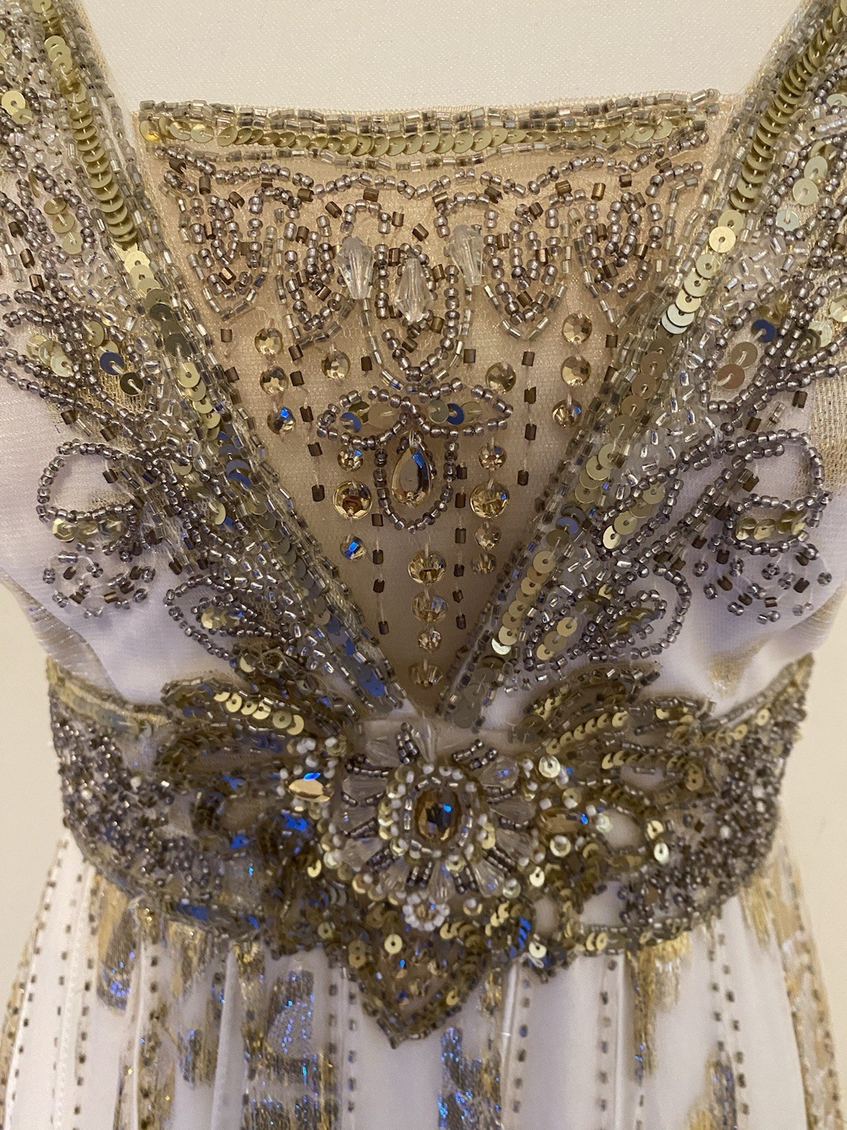 Sue Wong Nocturne White/Gold Beaded Sequin Fringe Bride Y2K Maxi Dress Gown 2