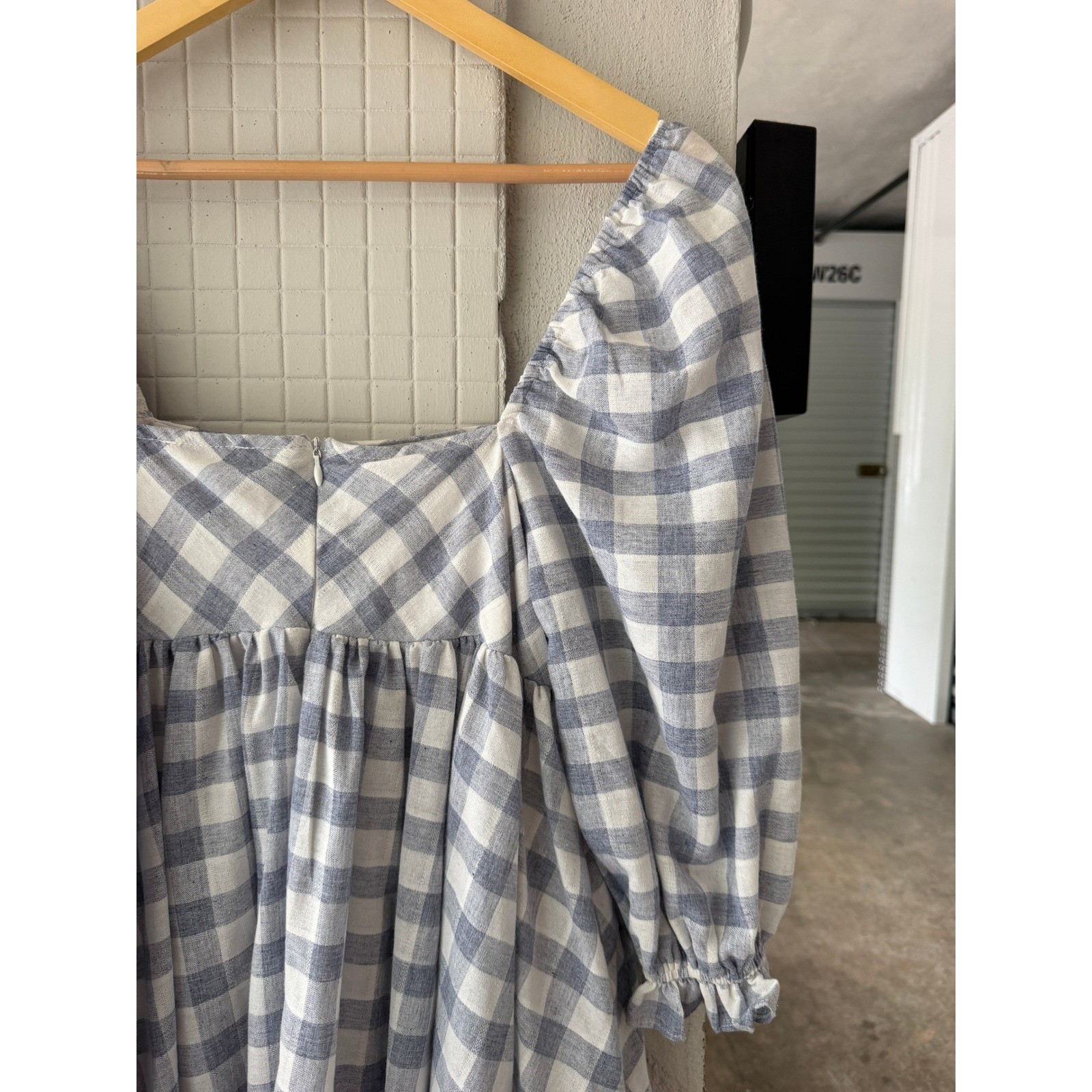 Storia Blue Gingham Puff Sleeve Babydoll Mini Dress Square Neck JD2443A Medium