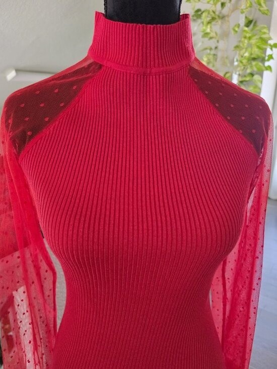 ALMOST FAMOUS Red Ribbed Knit Turtleneck Sheer Sleeve Bodycon Dress Size S