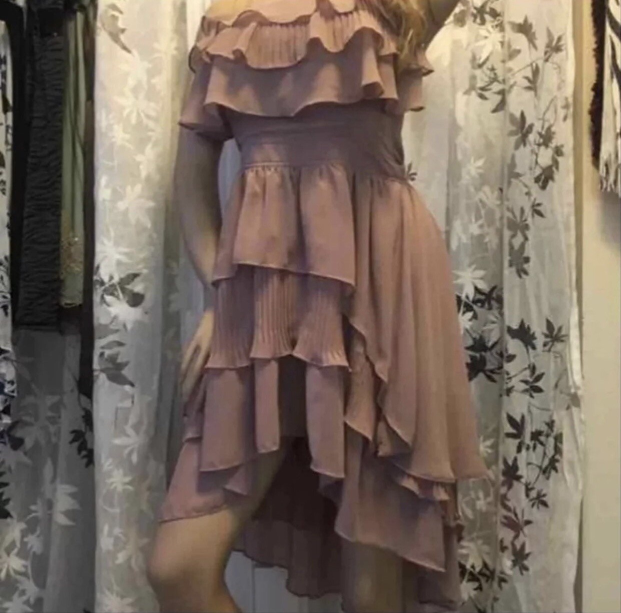 Double Zero Dusty Rose Hi Lo Ruffle Dress Large Layered Asymmetrical