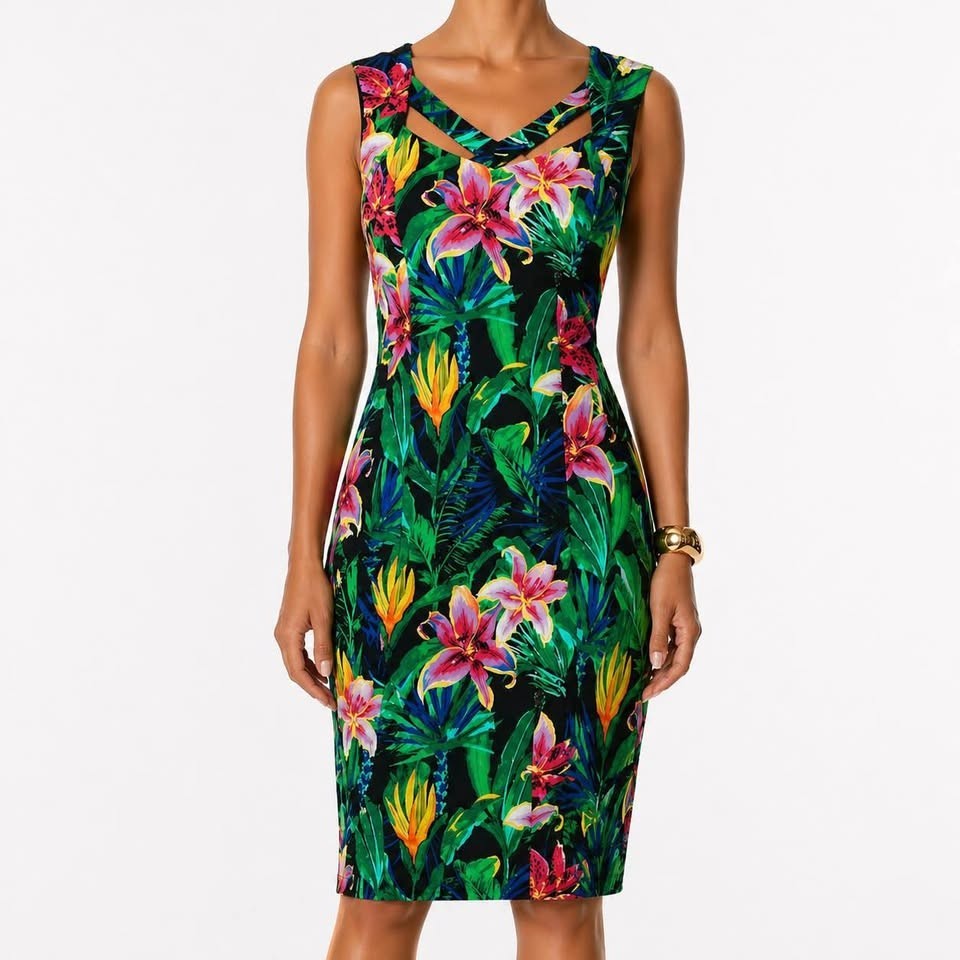 Modern Resort Vacation Black Tropical Floral Sleeveless Summer Dress [size 14]