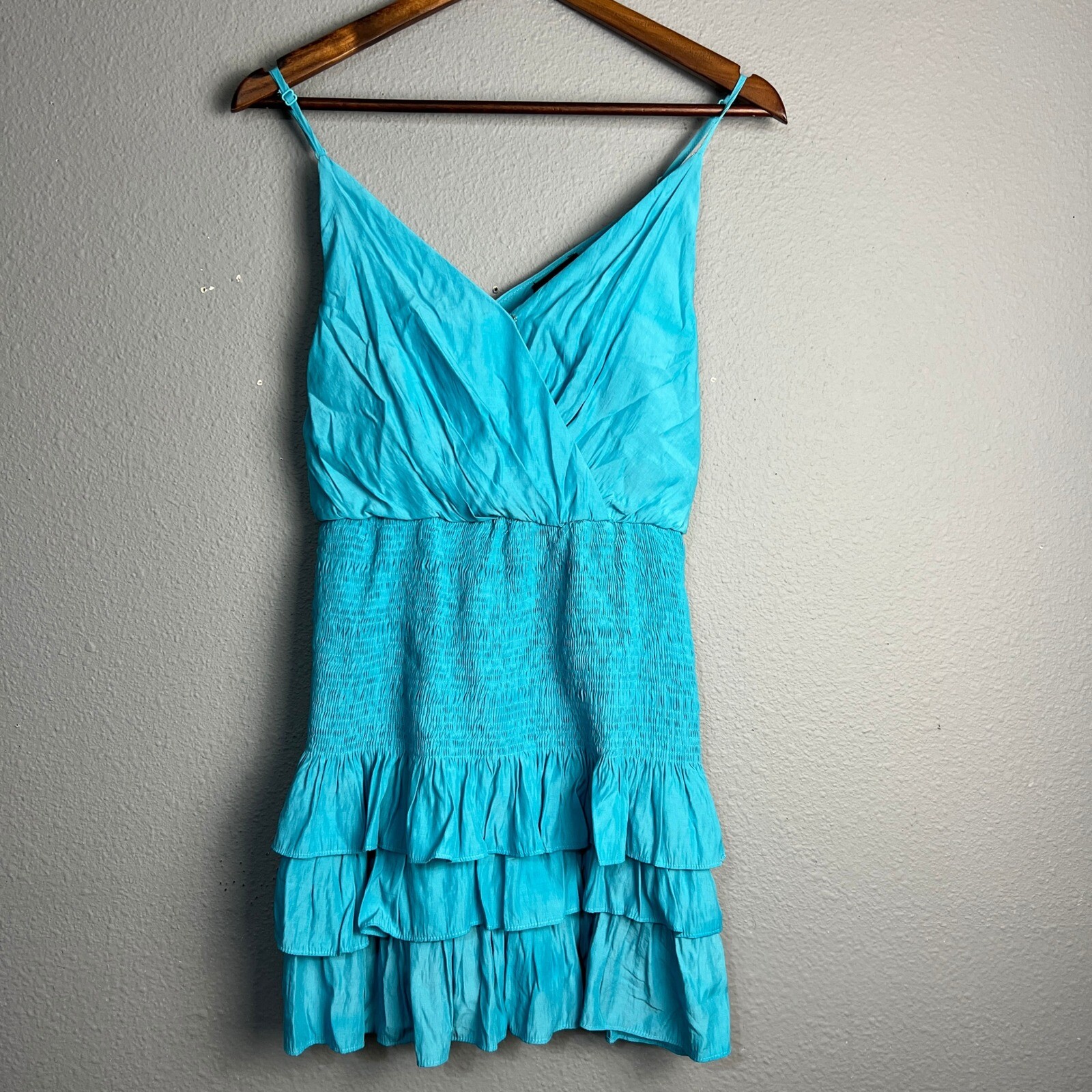 DO+BE Turquoise Mini Dress Spaghetti Strap Ruffle Tiered Smocked Casual Party S
