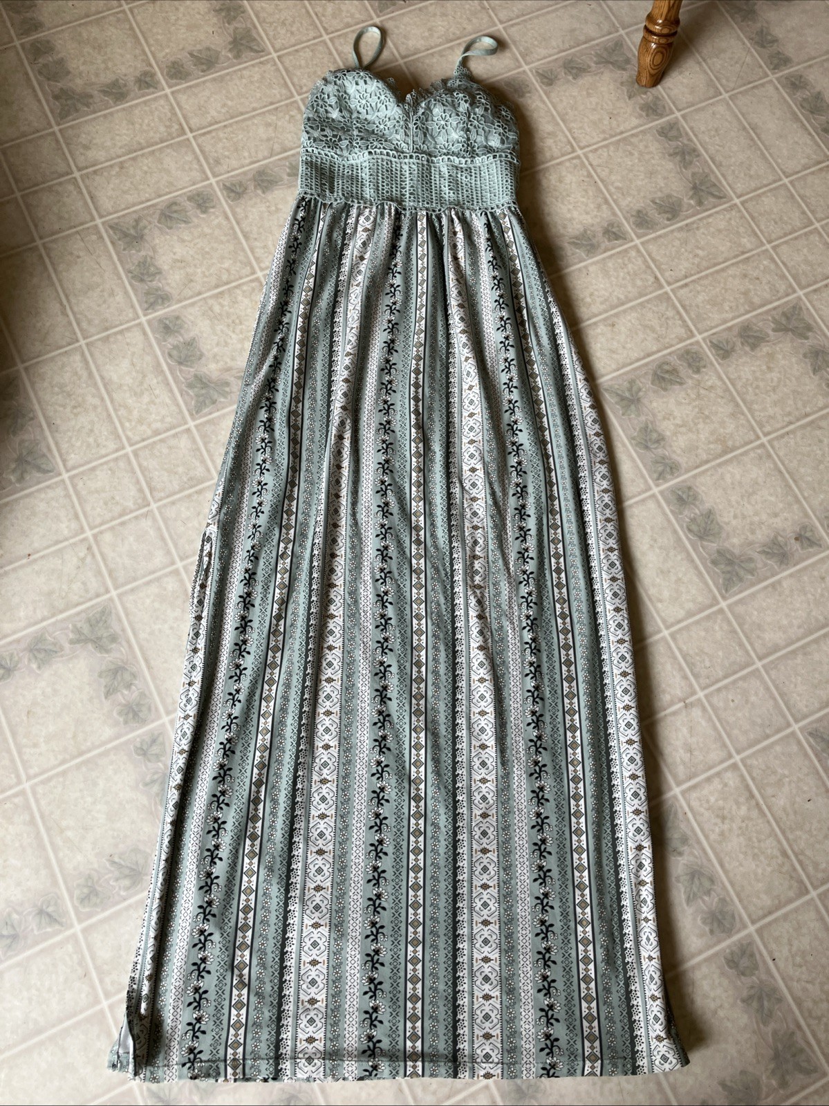 90’s Boho Festival Crochet Lace Bodice Mint Green Floral Skirt Maxi Slip Dress
