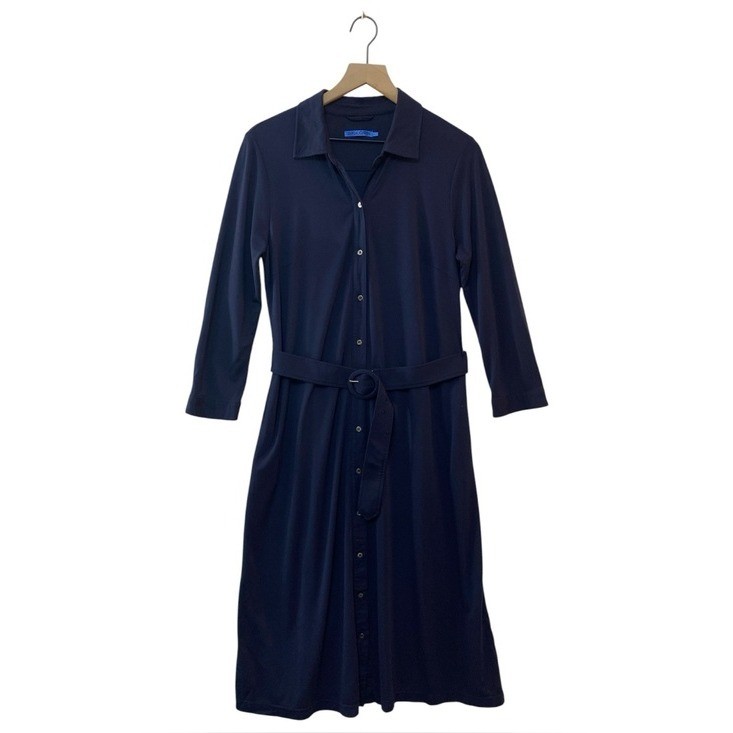 J. McLaughlin Pamela Shirt Dress Size L Navy Blue Belted Rayon Blend Career