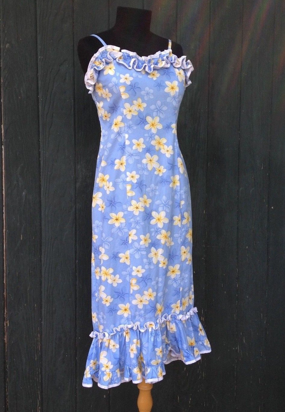 KY’s Hawaii Sz12 Junior Cotton Spaghetti Straps Ruffle Dress Blue Floral vintage