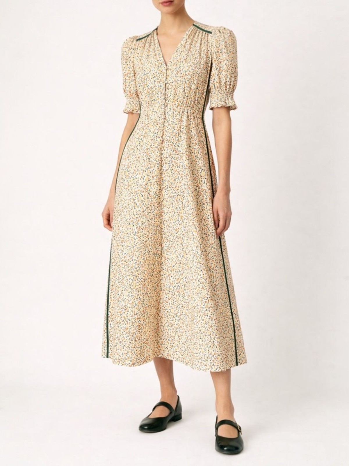 ME+EM Printed Midi Dress UK 6 US 2 Puff Sleeve Button Front Retro Yellow Floral