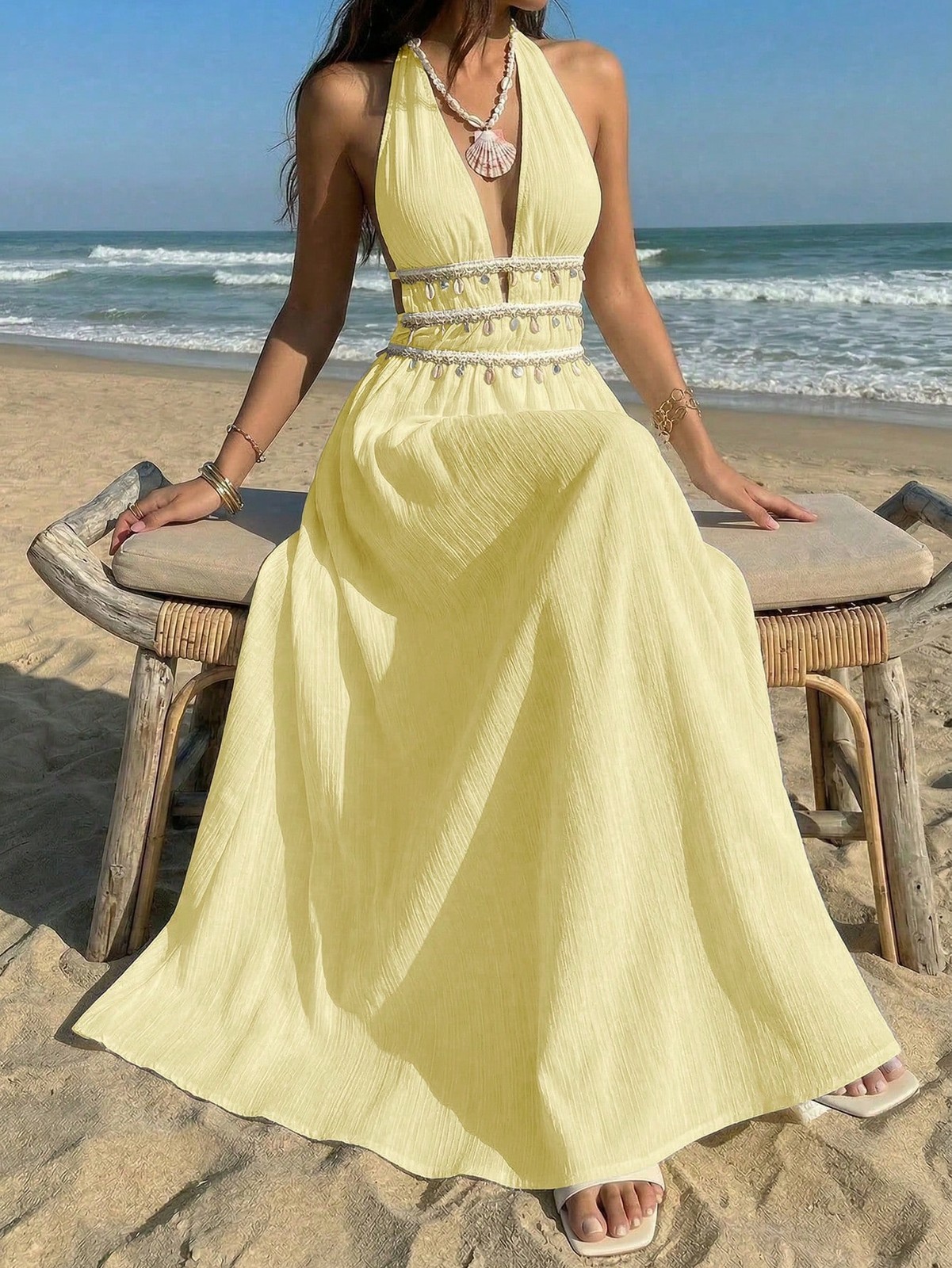 Elegant Apricot A Line Halter Neck Dress
