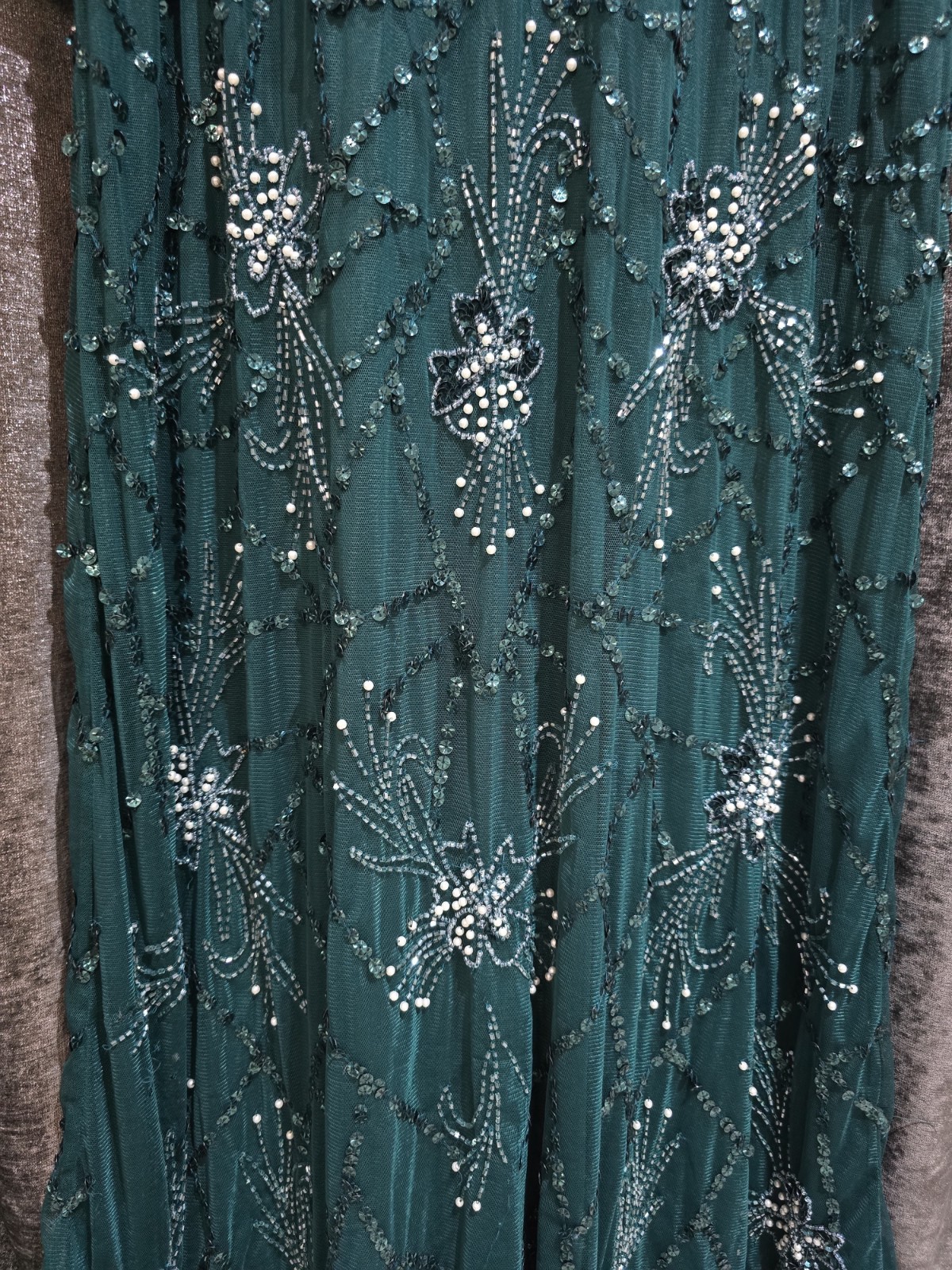 Green Sequin Beaded Round Neck Long Sleeve Floral Maxi Dress Formal Size 10 UK