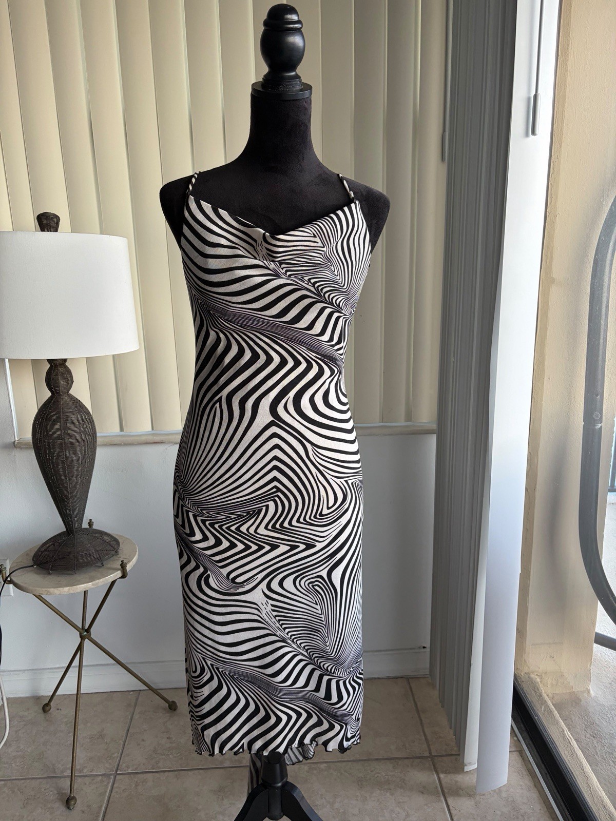 Vintage Y2K Le Chateau Slip Dress Large Op Art Psychedelic Wave Mesh Maxi USA