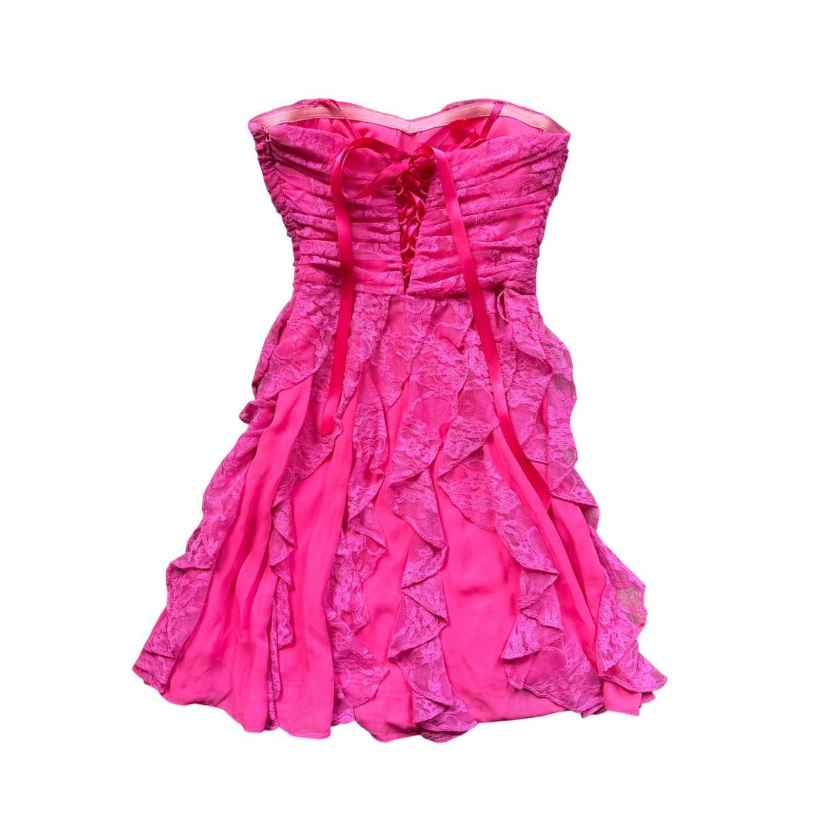 Hailey Logan Adrianna Papell Hot Pink Lace Corset Dress Ruched Ruffle Mini XS