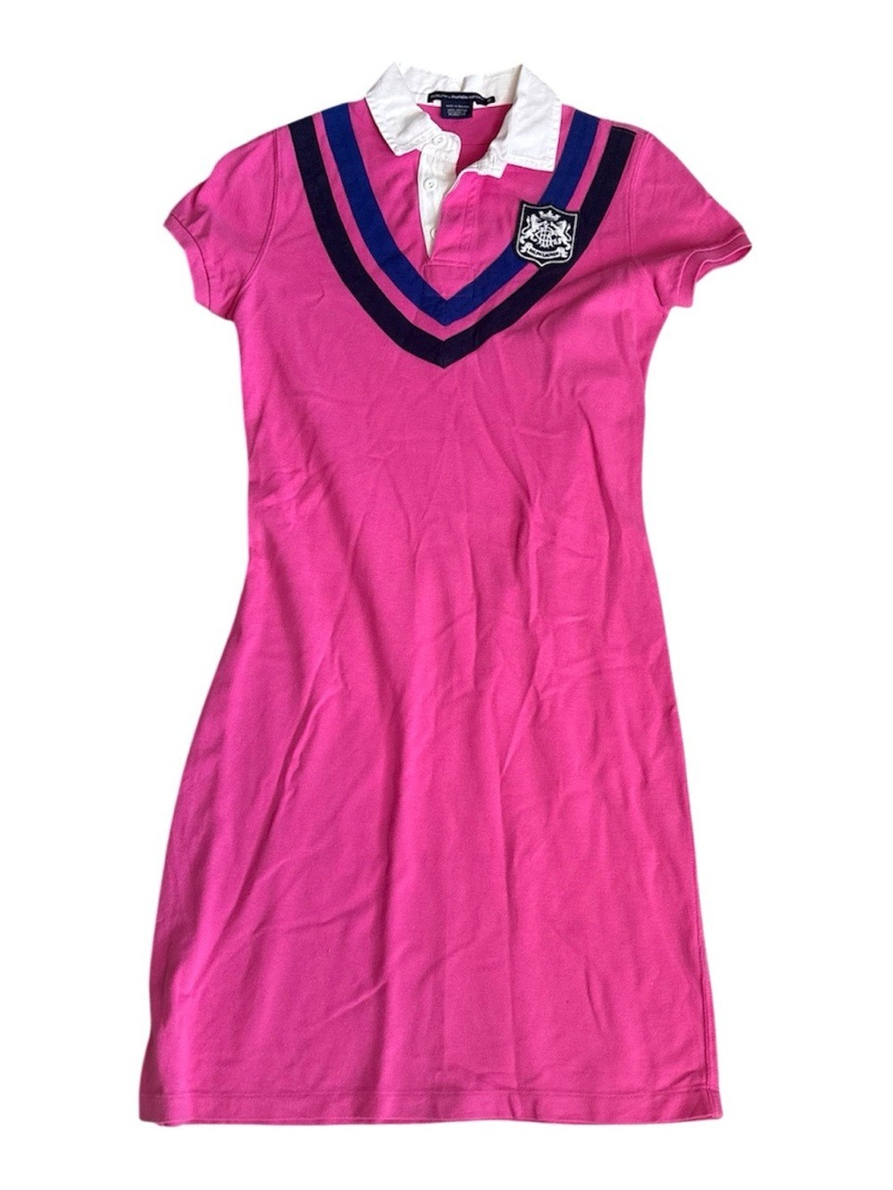 Vintage Ralph Lauren Sport Pink & White Collared Polo Dress with Crest Logo Sz M