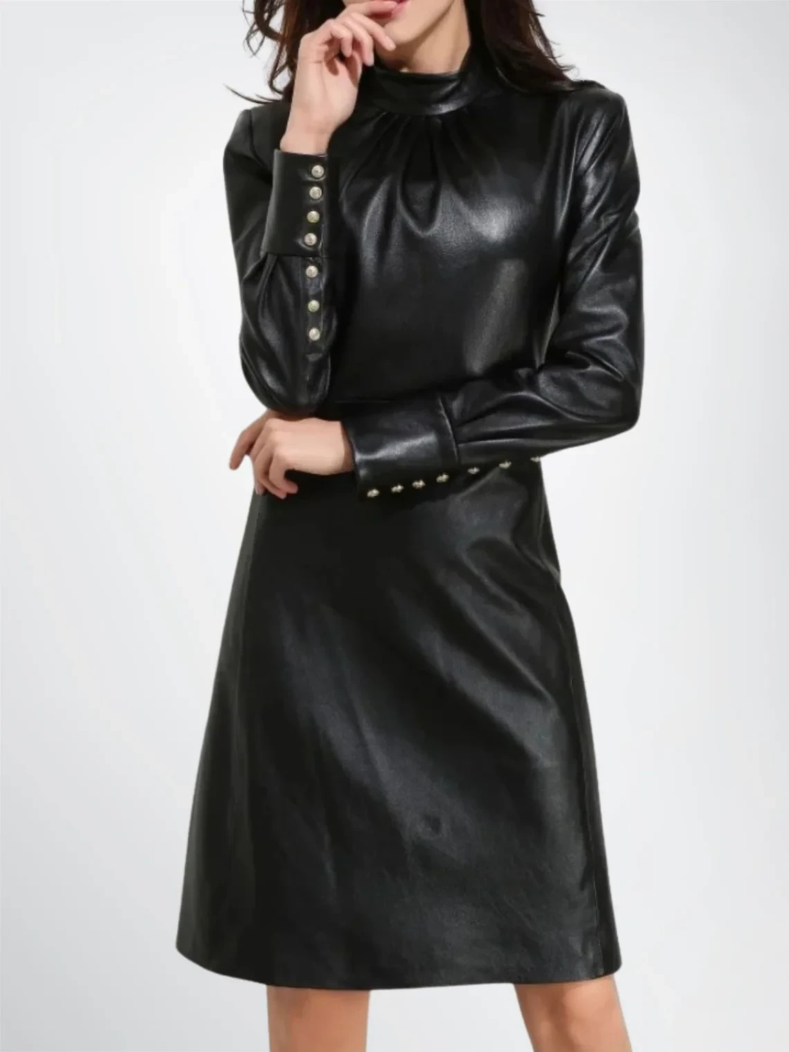 Women’s Soft Leather Cuff Buttons Sleeve Casual Dress With Zip Closure Black